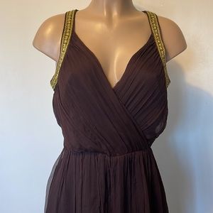 SPENSER JEREMY   V Neck  brown color 💯% silk Womens midi DRESS size 8”